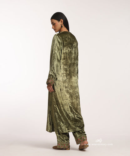 Olive_Green_Handloom_Velvet_Suit_Set_With_Organza_Mori_WeaverStory_03