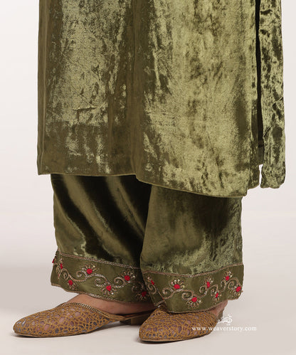Olive_Green_Handloom_Velvet_Suit_Set_With_Organza_Mori_WeaverStory_05
