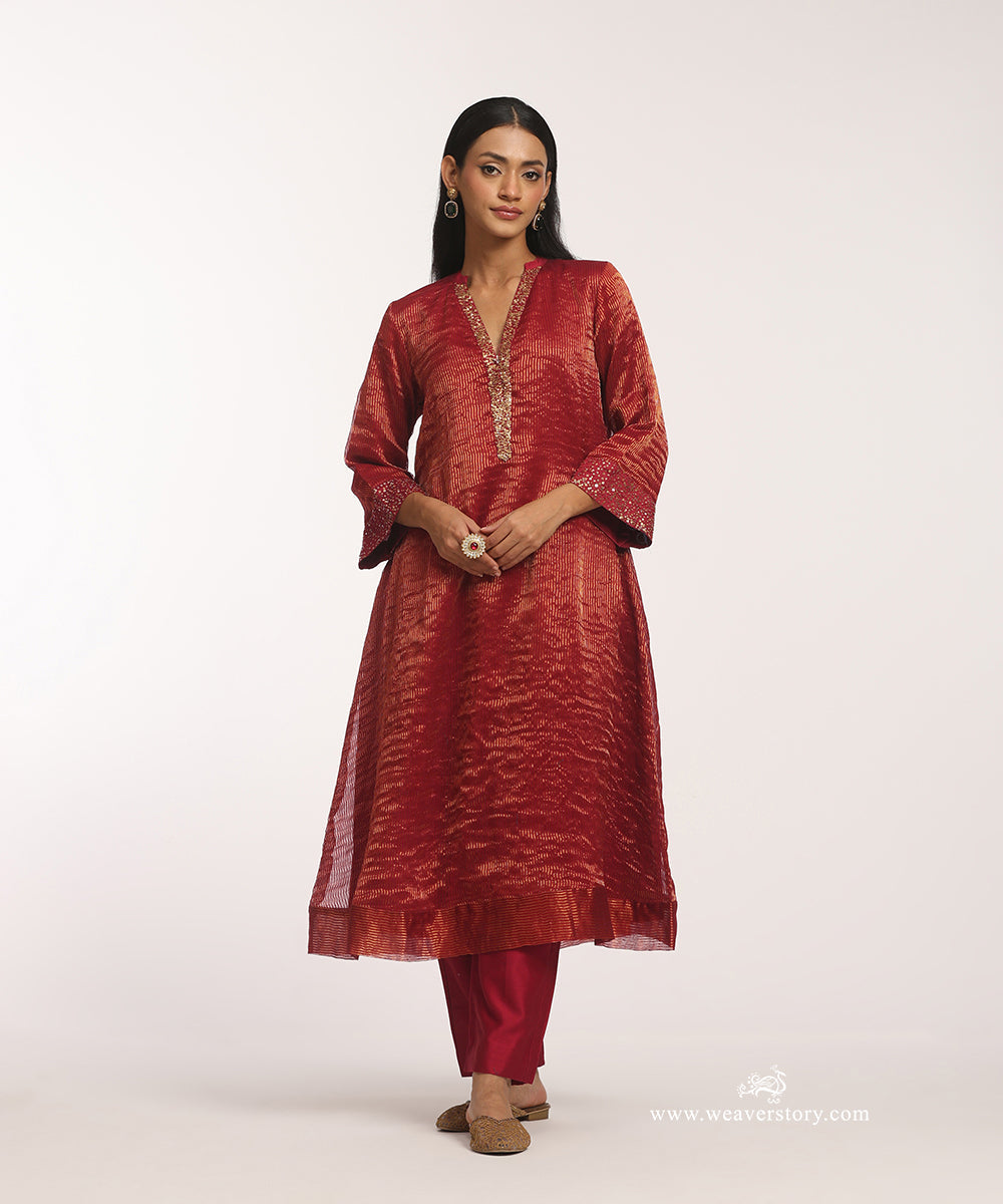 Maroon_Handloom_Chanderi_Stripe_Tissue_Suit_With_Chanderi_Pant_WeaverStory_01