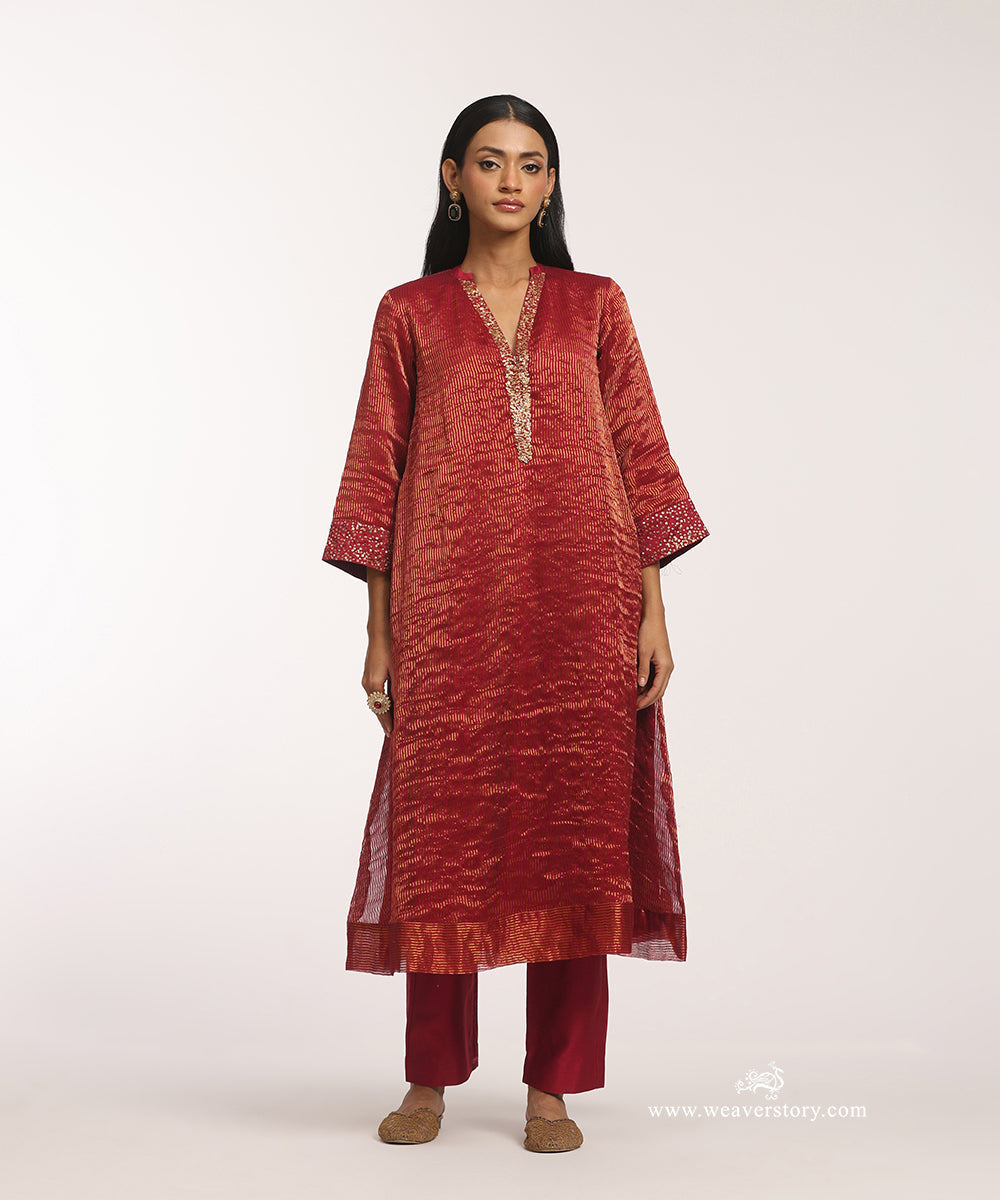 Maroon_Handloom_Chanderi_Stripe_Tissue_Suit_With_Chanderi_Pant_WeaverStory_02