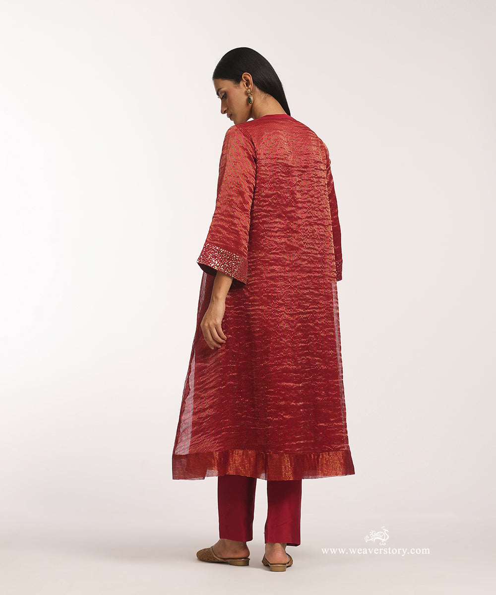 Maroon_Handloom_Chanderi_Stripe_Tissue_Suit_With_Chanderi_Pant_WeaverStory_04