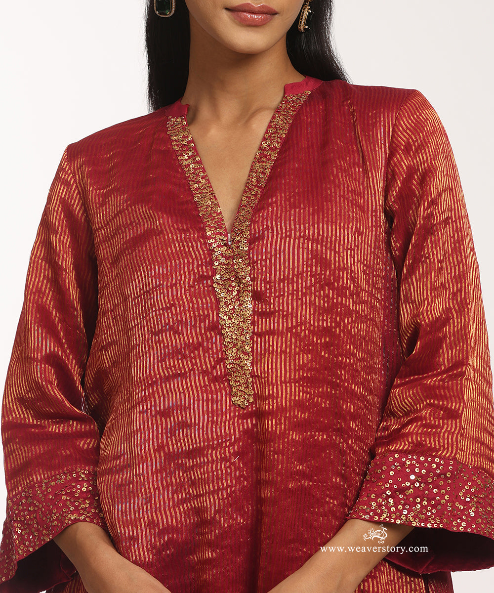 Maroon_Handloom_Chanderi_Stripe_Tissue_Suit_With_Chanderi_Pant_WeaverStory_05