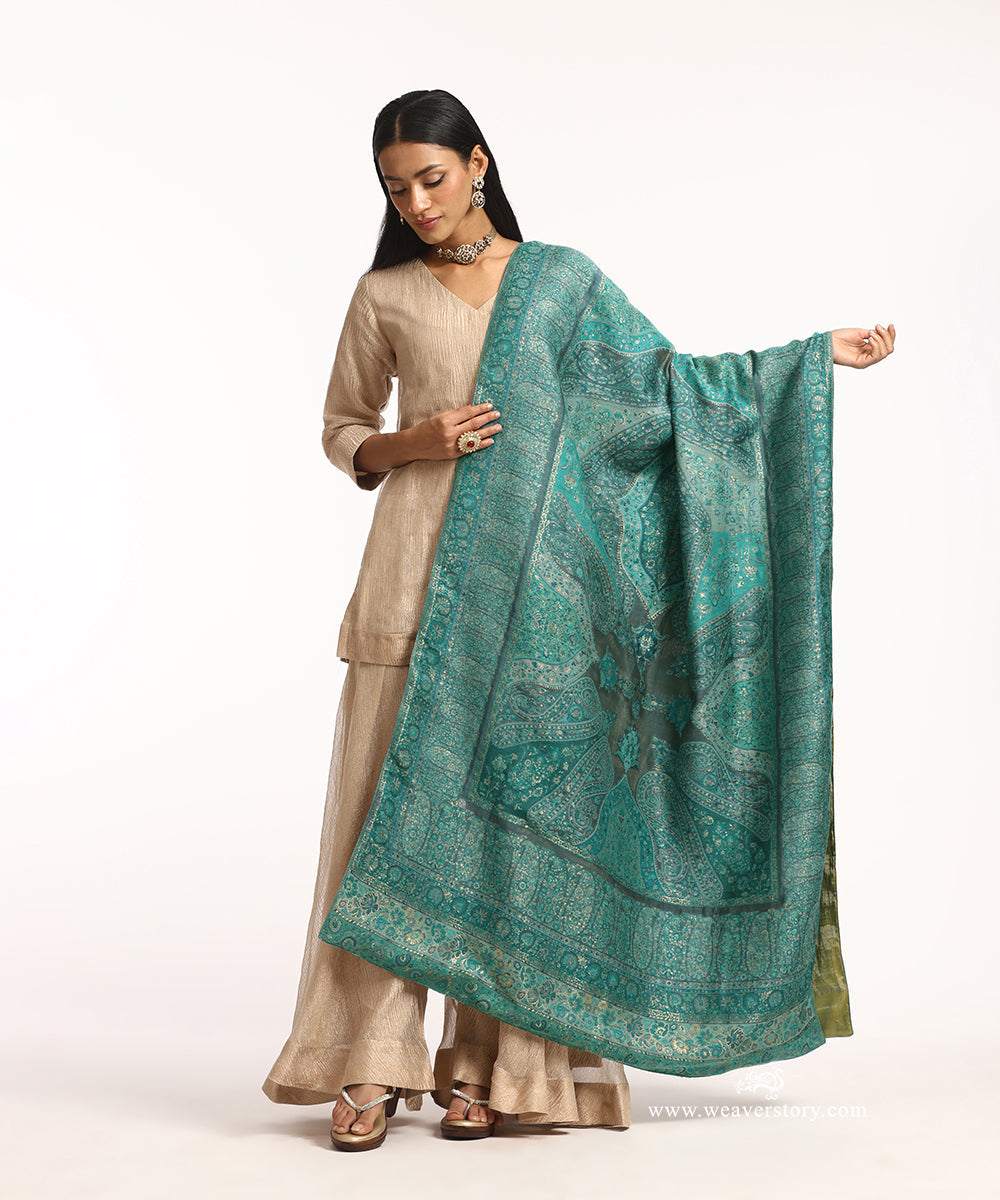 Firozi_and_Grey_Handwoven_Jamawar_Pure_Cashmere_Wool_Doshala_With_Green_Tissue_Finishing_WeaverStory_01