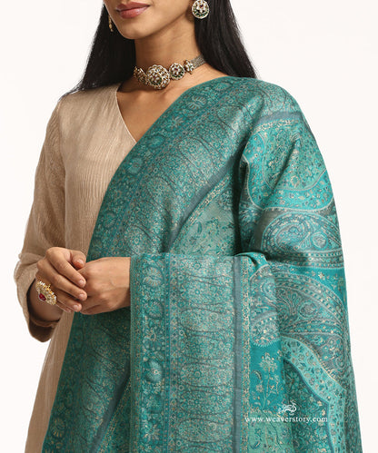 Firozi_and_Grey_Handwoven_Jamawar_Pure_Cashmere_Wool_Doshala_With_Green_Tissue_Finishing_WeaverStory_03