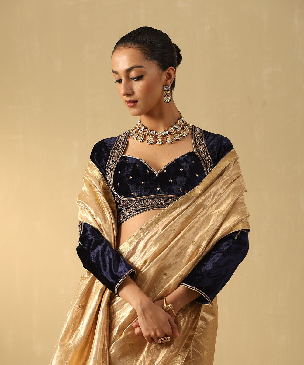 Navy Blue Hand Embroidered Zardozi Silk Velvet Blouse With Resham Work Blouses/ Crop Tops