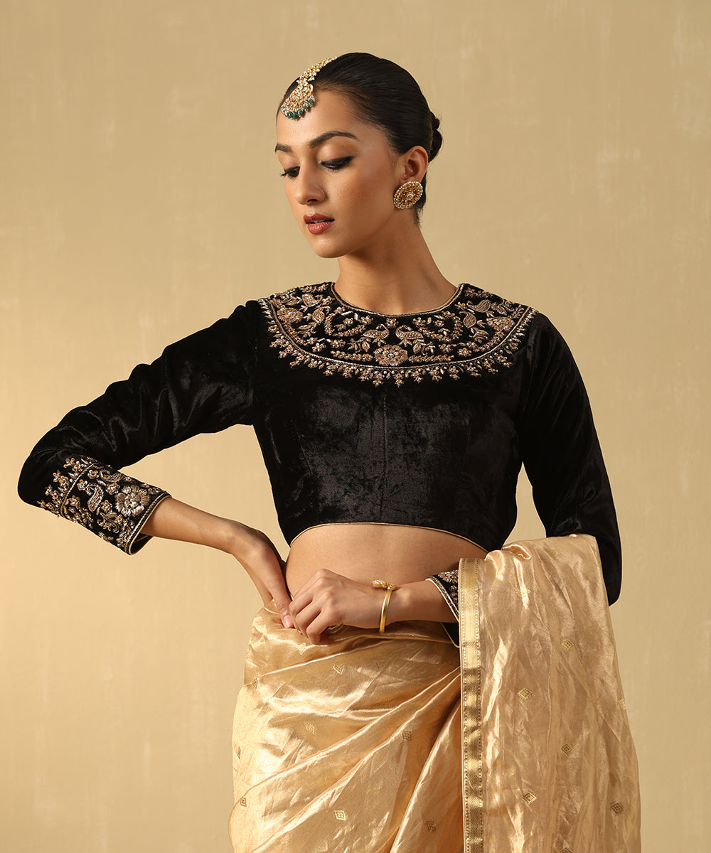 Black Hand Embroidered Zardozi Silk Velvet Blouse Blouses/ Crop Tops
