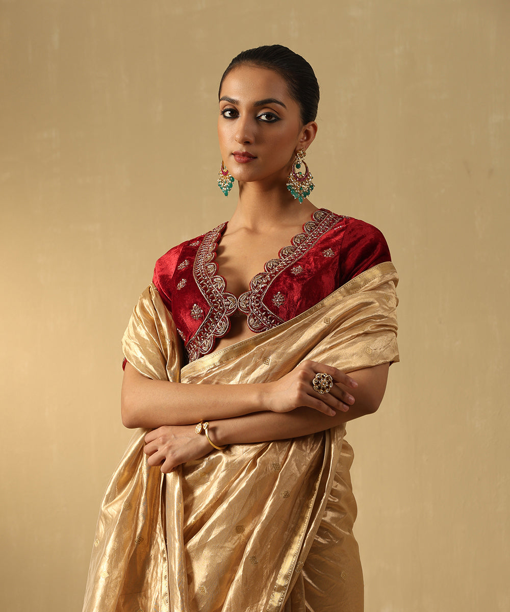 Weaver Story - Off White Chanderi Silk Embroidery Gota V Neck Saree Blouse  For Women
