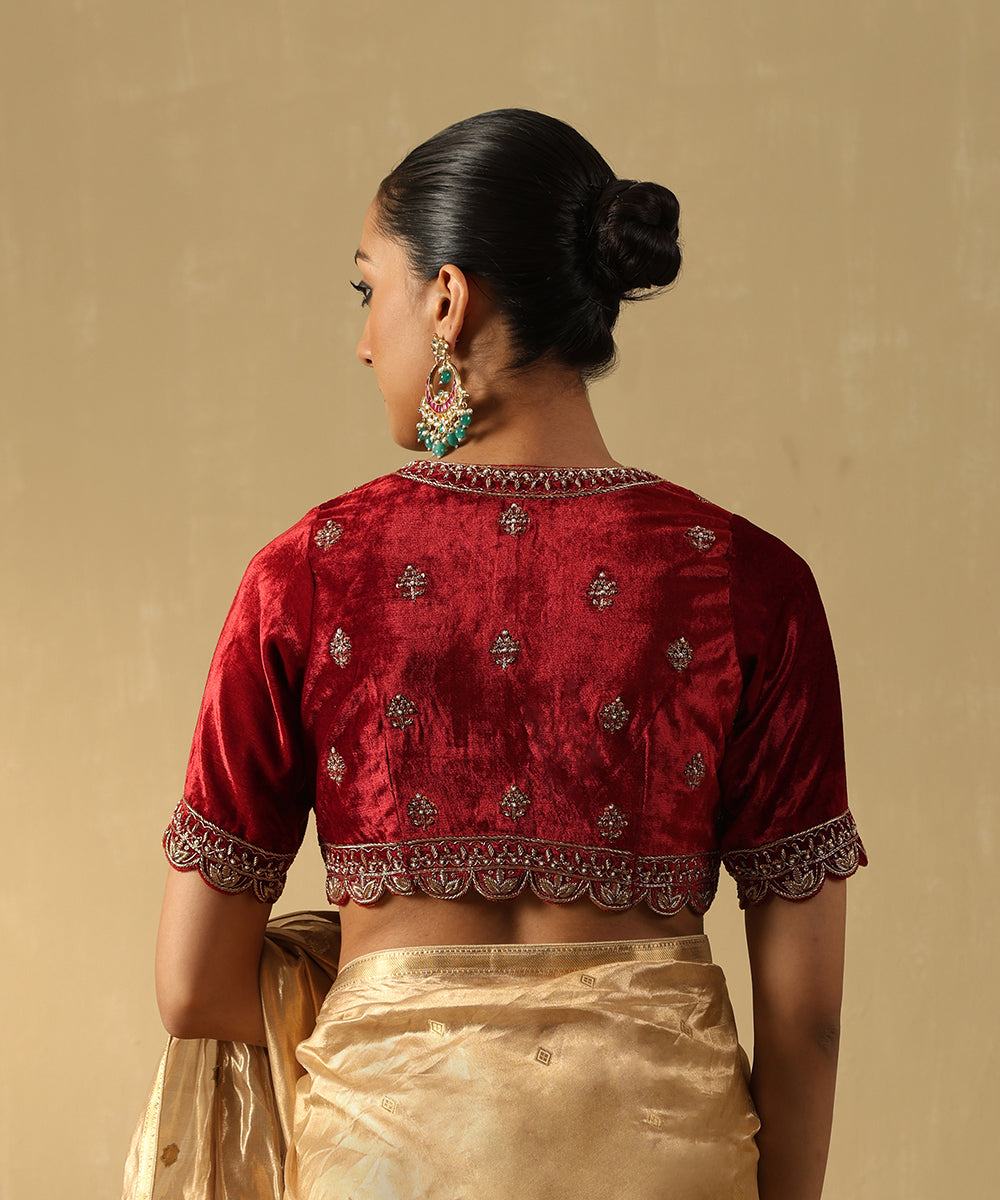 Rust Maroon Hand Embroidered Zardozi Silk Velvet Blouse With Scalloped Hemline Blouses/ Crop Tops