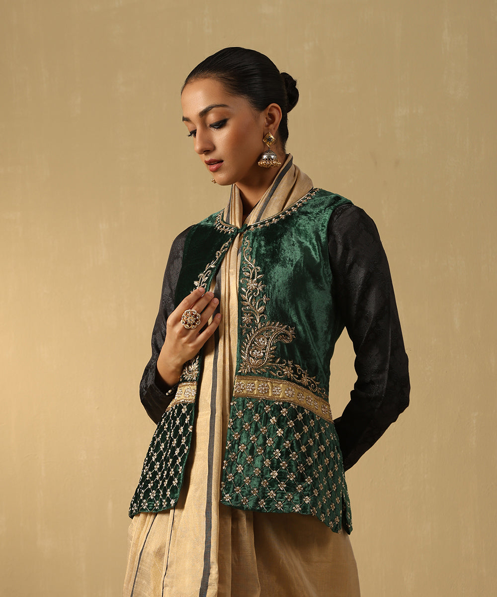 Green Hand Embroidered Zardozi Silk Velvet Jacket Ready To Wear Ensembles