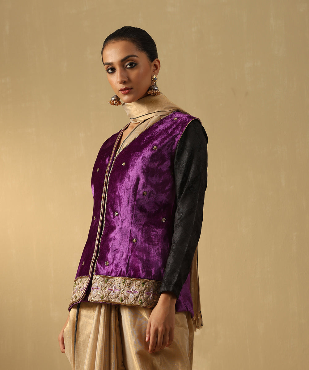 Purple Hand Embroidered Zardozi Silk Velvet Sleeveless Jacket Ready To Wear Ensembles