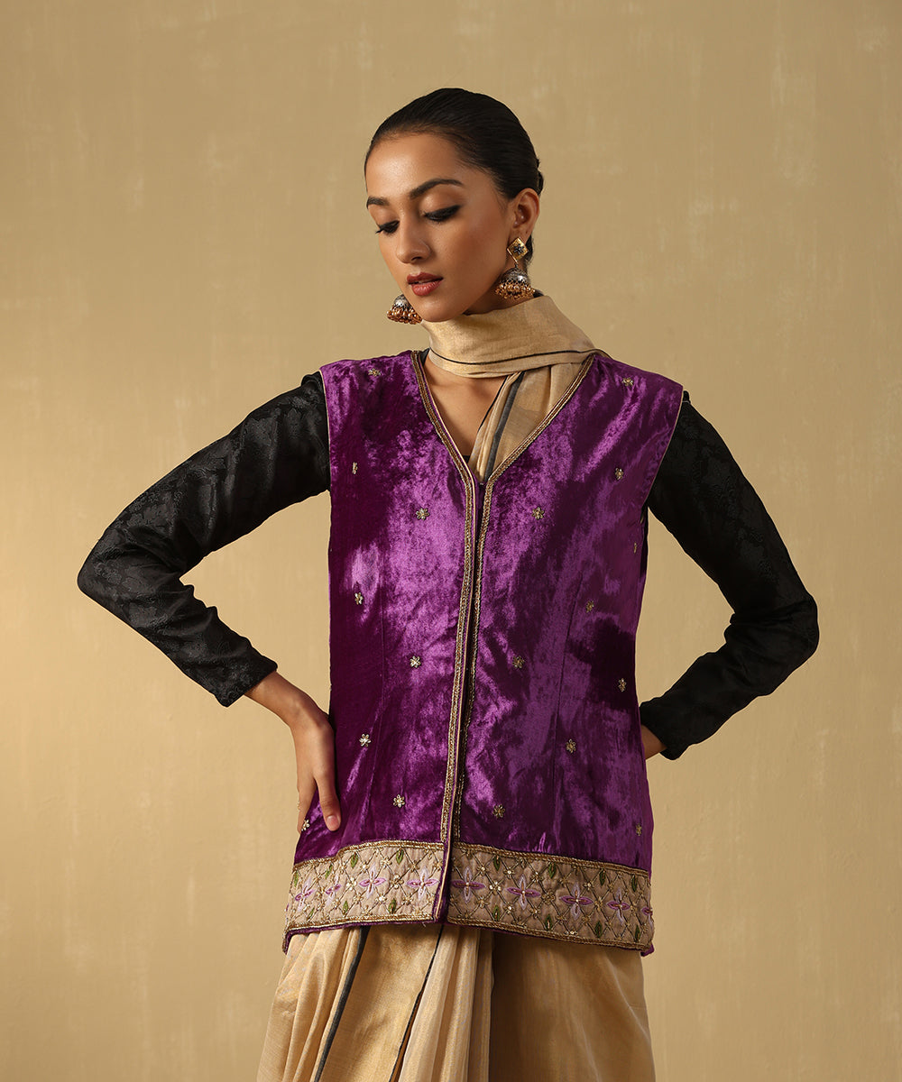 Purple Hand Embroidered Zardozi Silk Velvet Sleeveless Jacket