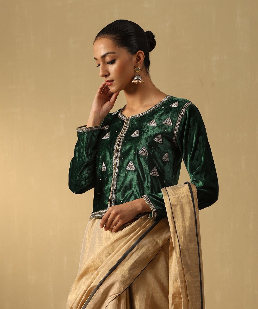 Deep Green Hand Embroidered Zardozi Cropped Velvet Jacket Ready To Wear Silk Ensembles