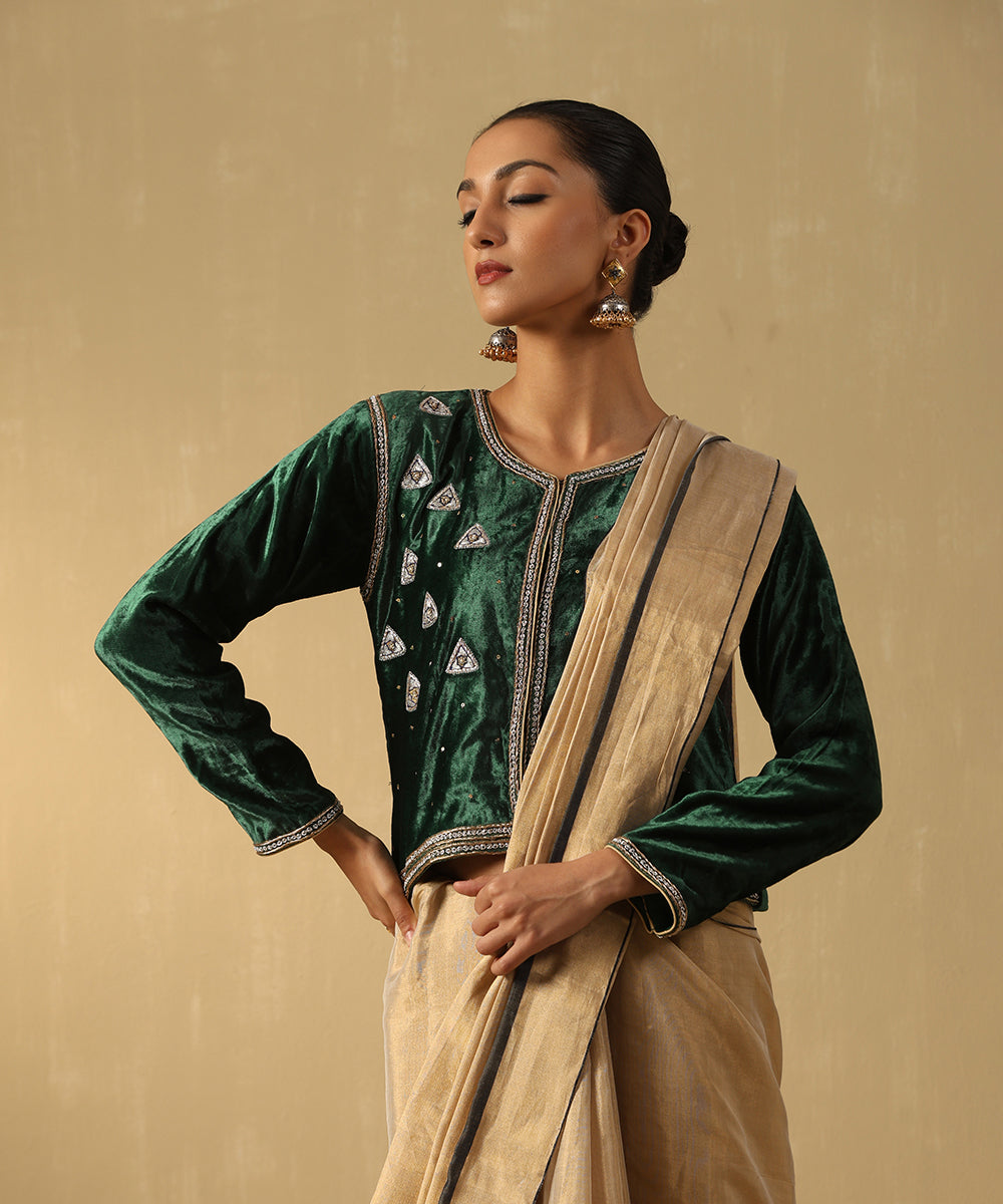Deep Green Hand Embroidered Zardozi Cropped Velvet Jacket Ready To Wear Silk Ensembles
