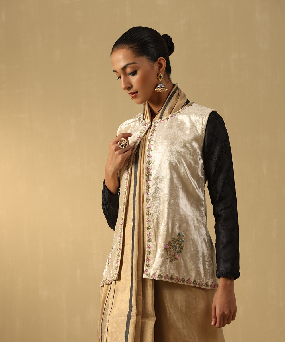 Off-White Hand Embroidered Zardozi Silk Velvet Jacket Ready To Wear Ensembles