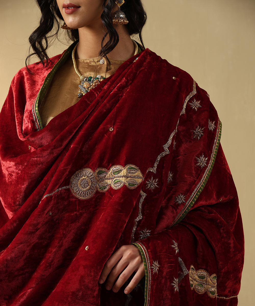Red And Maroon Hand Embroidered Zardozi Silk Velvet Doshala