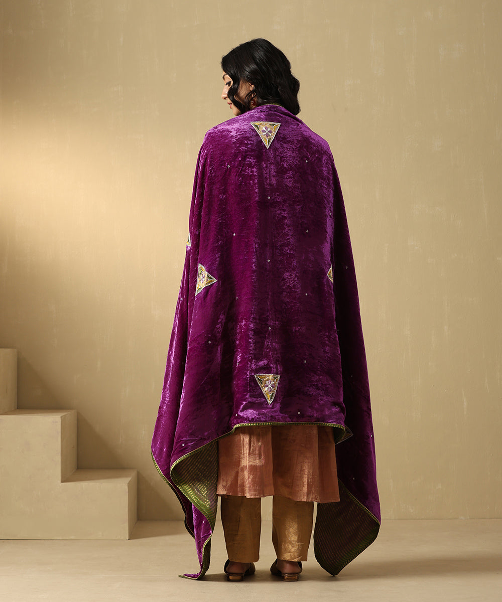 Purple Mauve Hand Embroidered Zardozi Silk Velvet Doshala With Contrast Chanderi Tissue Border