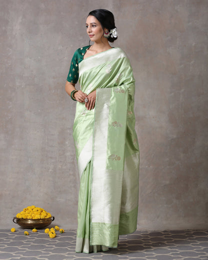 Handloom Pista Green Pure Katan Silk Kadhwa Banarasi Saree With Floral Boota