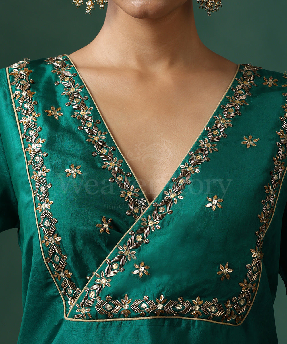 Green_Pure_Silk_Blouse_With_Hand_Embroidered_Zardozi_And_Katdhana_Blouse_WeaverStory_03