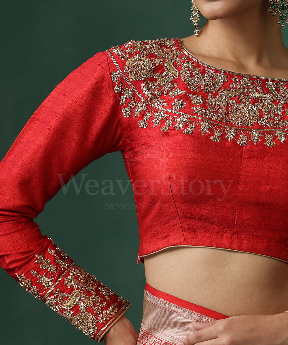 Red_Raw_Silk_Blouse_With_Hand_Embroidered_Zardozi_Work_WeaverStory_03