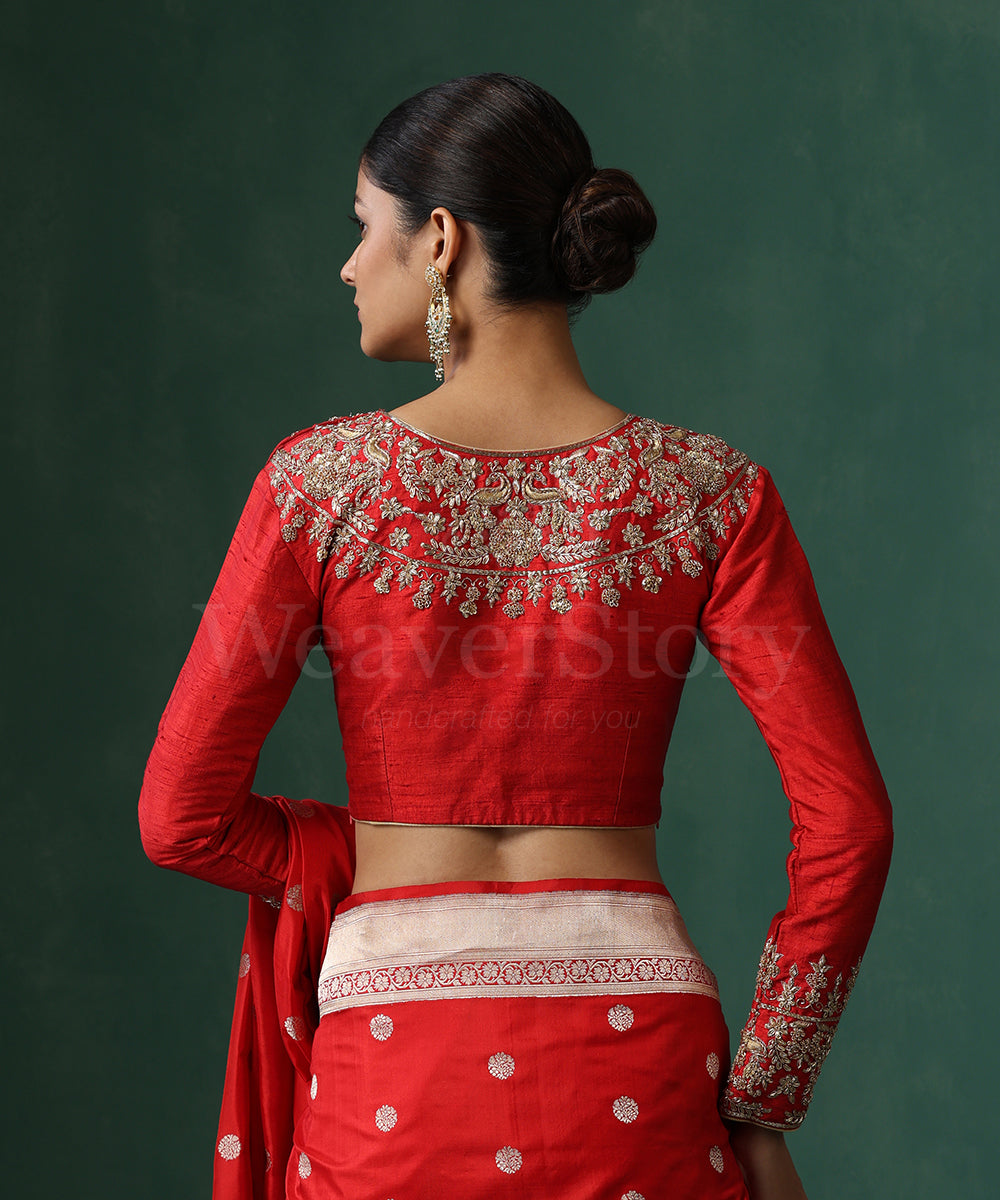 Red_Raw_Silk_Blouse_With_Hand_Embroidered_Zardozi_Work_WeaverStory_07