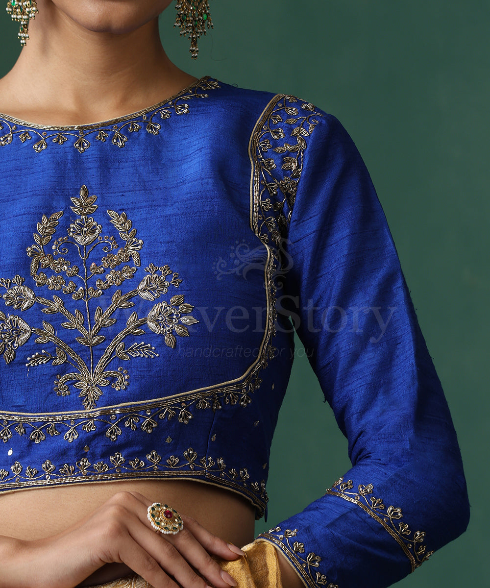 Blue_Raw_Silk_Hand_Embroidered_Zardozi_Blouse_WeaverStory_03