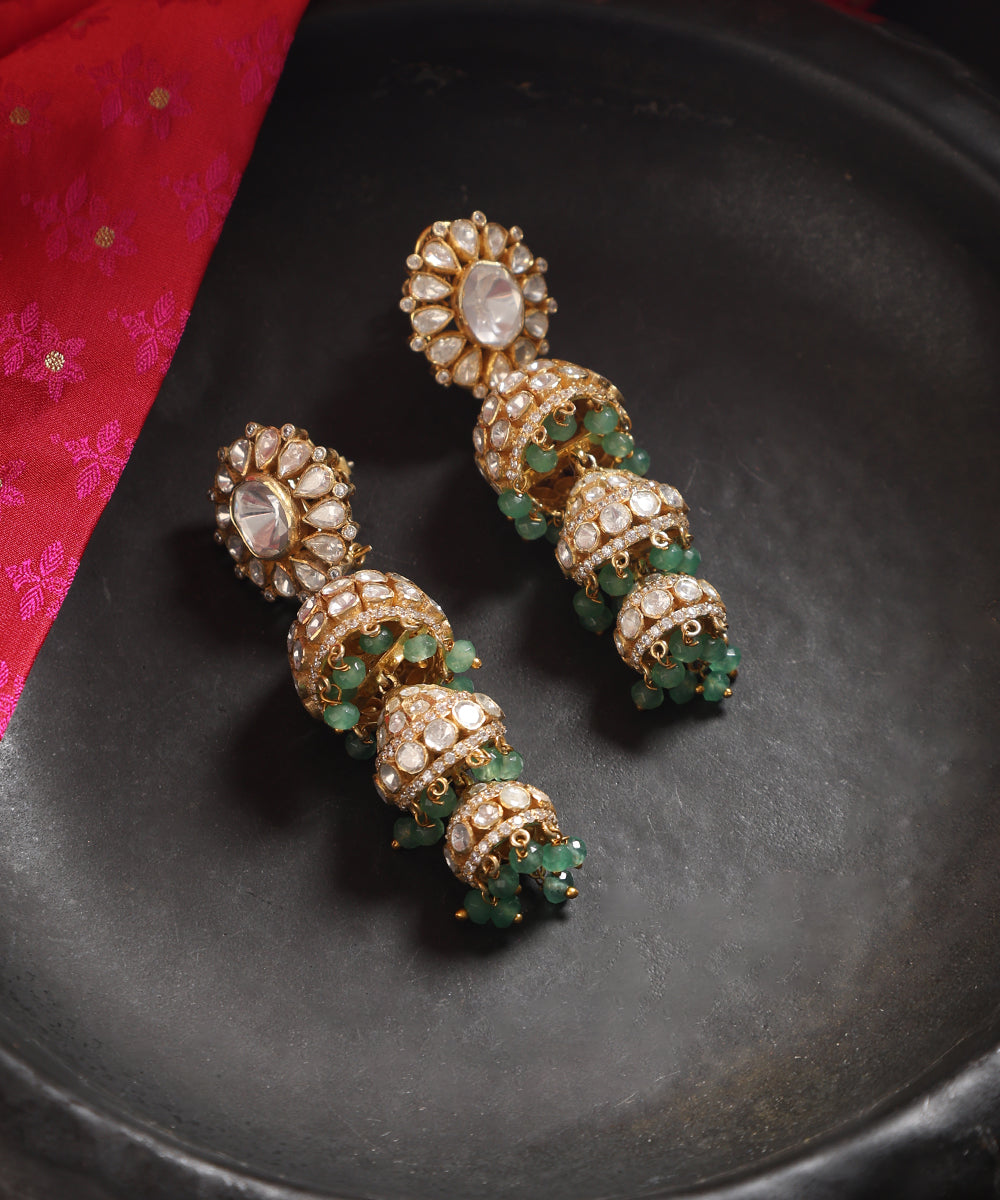 Diza_Handcrafted_Silver_Jhumka_Style_Long_Earrings_With_Moissanite_and_Green_Moti_WeaverStory_01