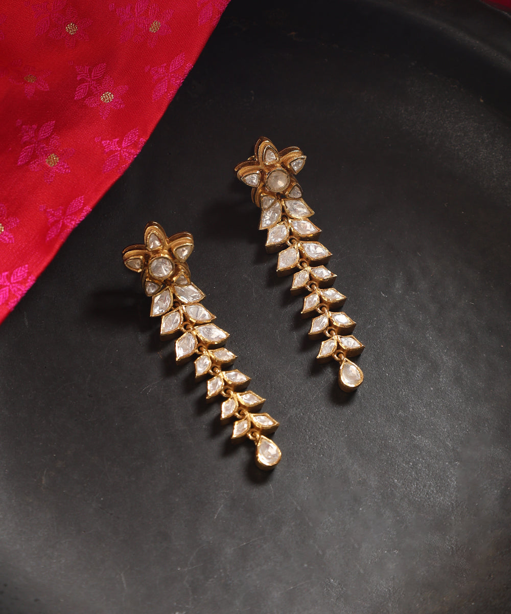 Dilruba_Handcrafted_Long_Silver_Earrings_With_Moissanite_And_Floral_Motif_WeaverStory_01