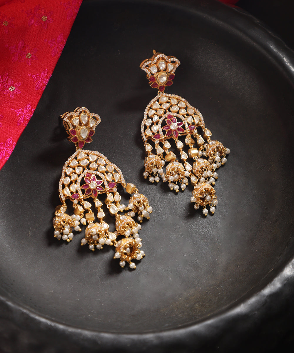 Dilfaroz_Handcrafted_Silver_Jhumka_Style_Earrings_With_Moissanite_Red_Semi_Precious_Stones_CZ_And_Moti_Hangings_WeaverStory_01