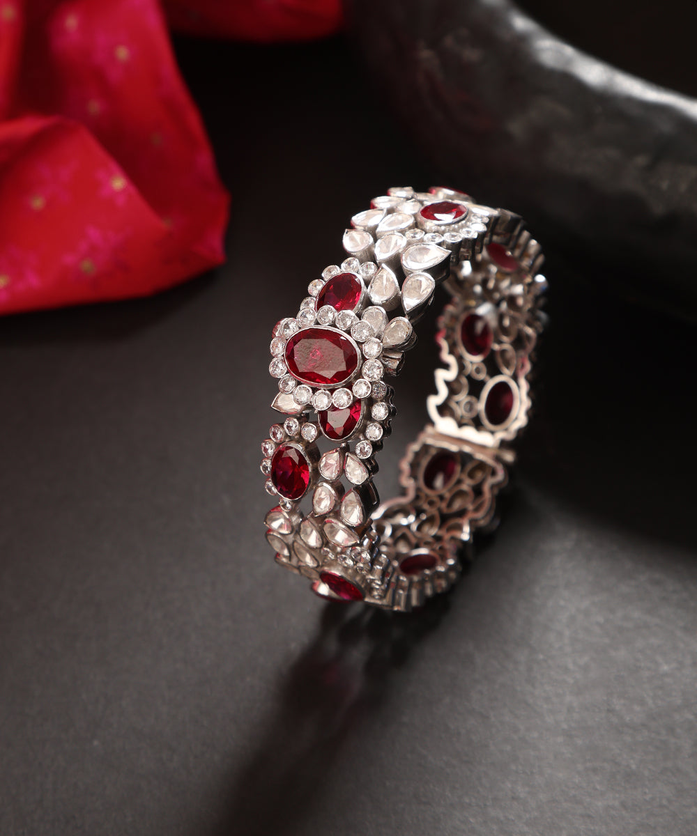 Asita_Handcrafted_Silver_Kada_With_Moissanite_CZ_And_Red_Semi_Precious_Stones_WeaverStory_01
