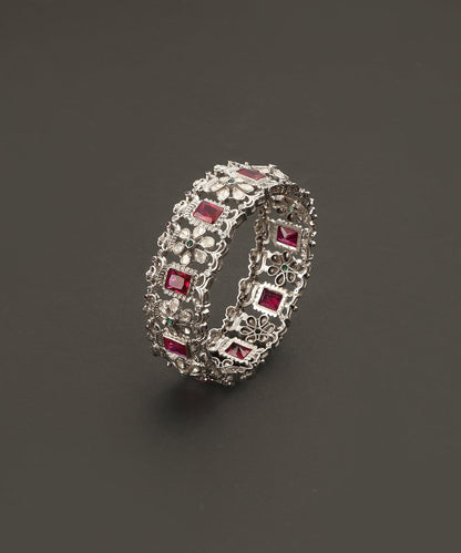 Erumnaz_Handcrafted_Silver_Kada_With_Moissanite_CZ_And_Red_Semi_Precious_Stones_WeaverStory_02