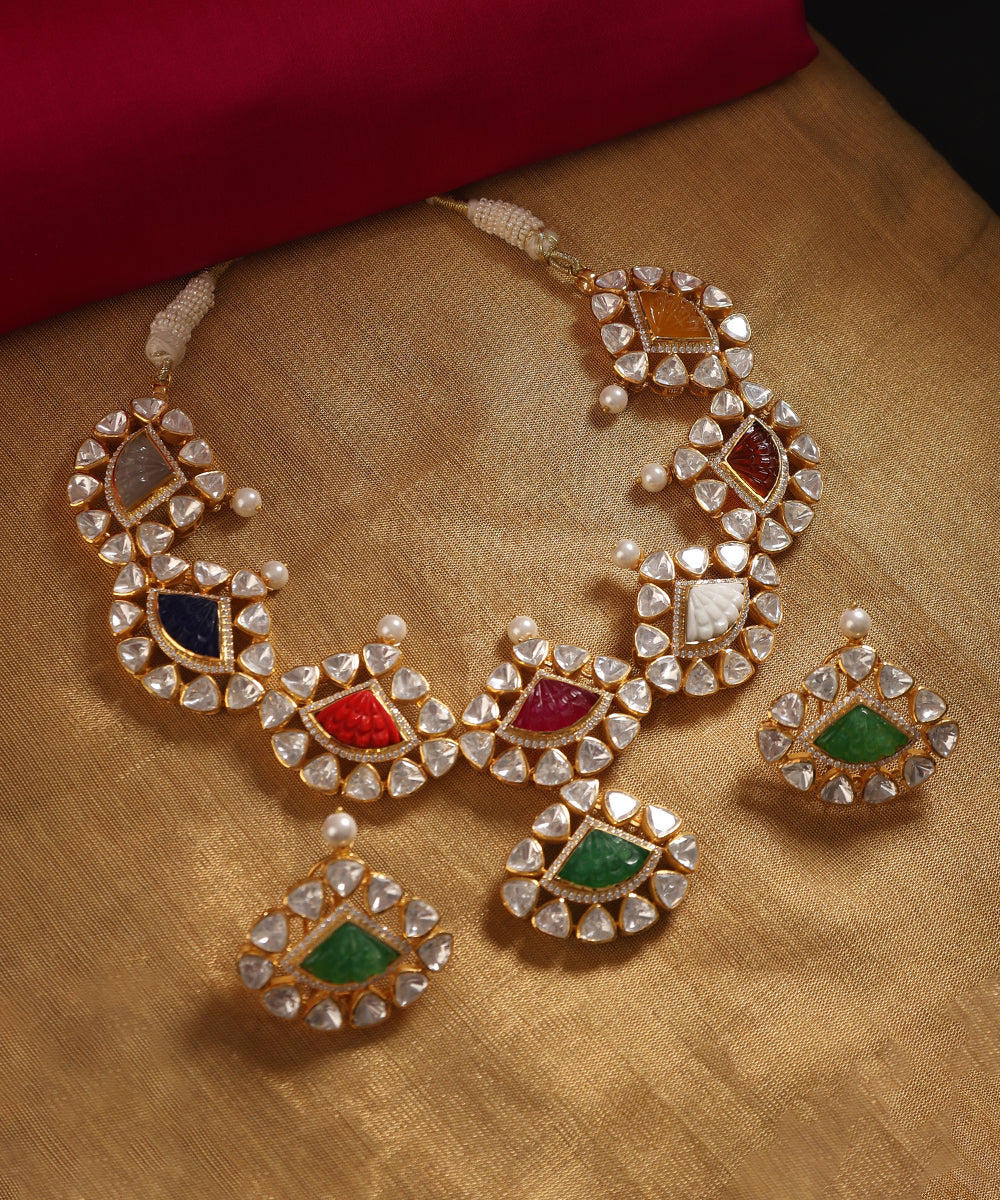 Arzoo_Handcrafted_Silver_Necklace_Set_with_Moissanite_and_Semi_Precious_Stones_WeaverStory_01