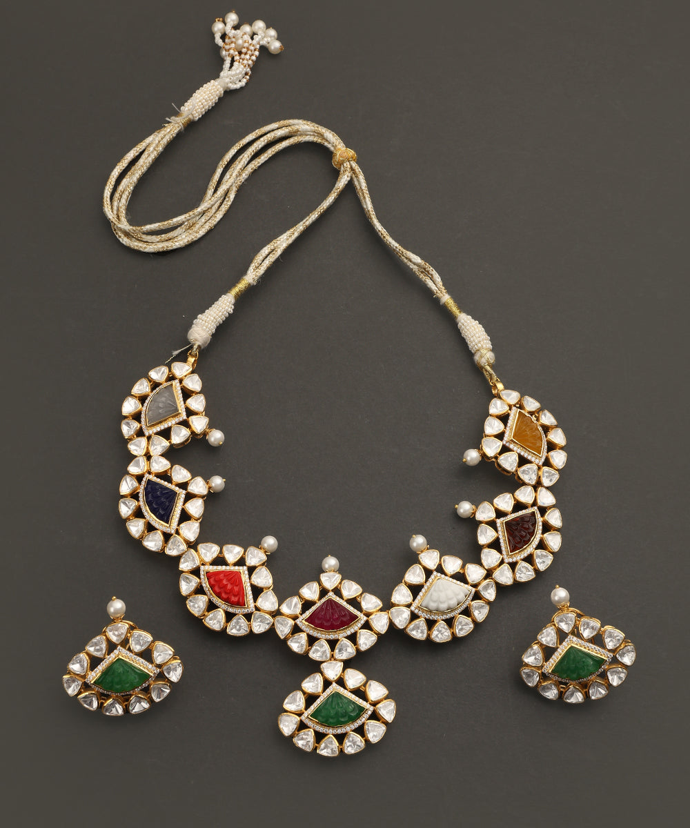 Arzoo_Handcrafted_Silver_Necklace_Set_with_Moissanite_and_Semi_Precious_Stones_WeaverStory_02