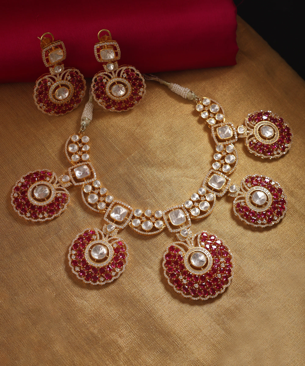 Anahita_Handcrafted_Silver_Necklace_Set_With_Moissanite_and_Red_Semi_Precious_Stones_WeaverStory_01
