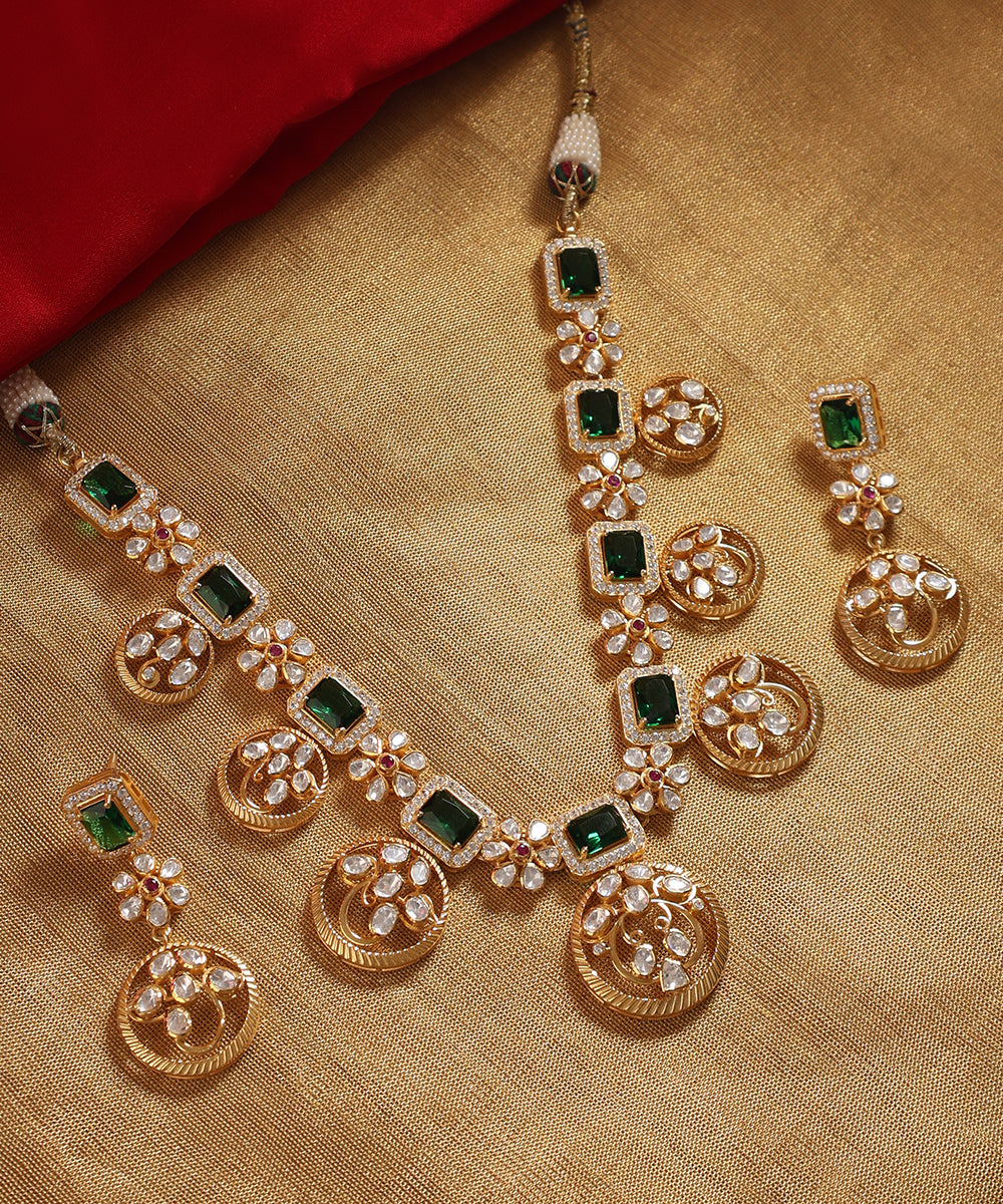Aarzoo_Handcrafted_Silver_Necklace_Set_with_Moissanite_and_Green_Semi_Precious_Stones_WeaverStory_01