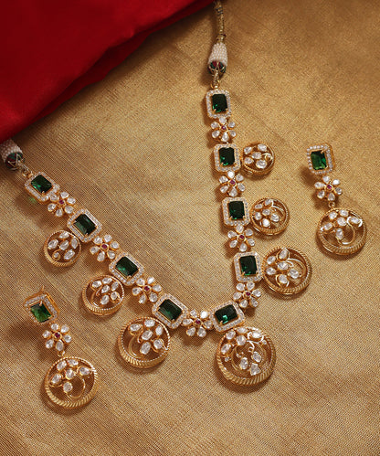 Aarzoo_Handcrafted_Silver_Necklace_Set_with_Moissanite_and_Green_Semi_Precious_Stones_WeaverStory_02