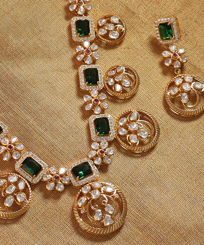 Aarzoo_Handcrafted_Silver_Necklace_Set_with_Moissanite_and_Green_Semi_Precious_Stones_WeaverStory_03