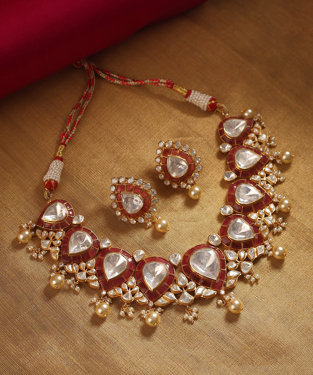 Anam_Handcrafted_Silver_Necklace_Set_With_Moissanite_Pearls_and_Red_Semi_Precious_Stones_WeaverStory_01