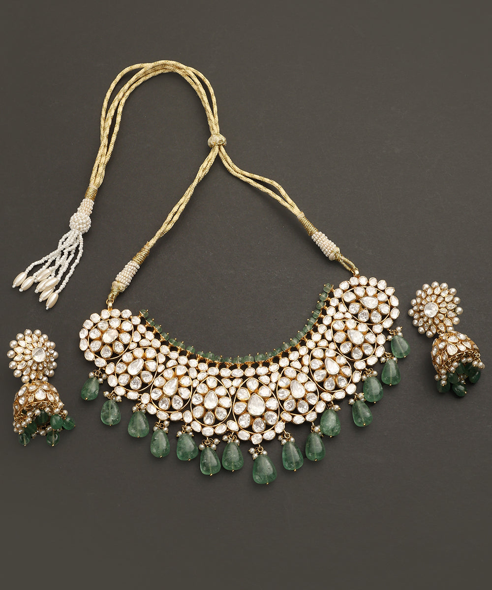 Aabroo_Handcrafted_Silver_Neklace_Set_with_Moissanite_and_Green_Semi_Precious_Stones_WeaverStory_02