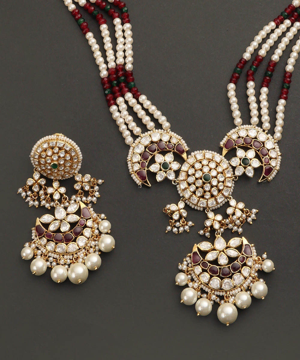 Ashnoor_Handcrafted_Silver_Pearls_Multiladi_Necklace_Set_with_Moissanite_Pendant_and_Pearl_Hangings_WeaverStory_04