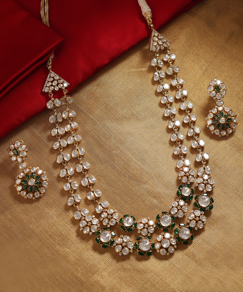 Adeeba_Handcrafted_Silver_Double_Ladi_Necklace_Set_with_Moissanite_and_Green_Semi_Precious_Stones_WeaverStory_01