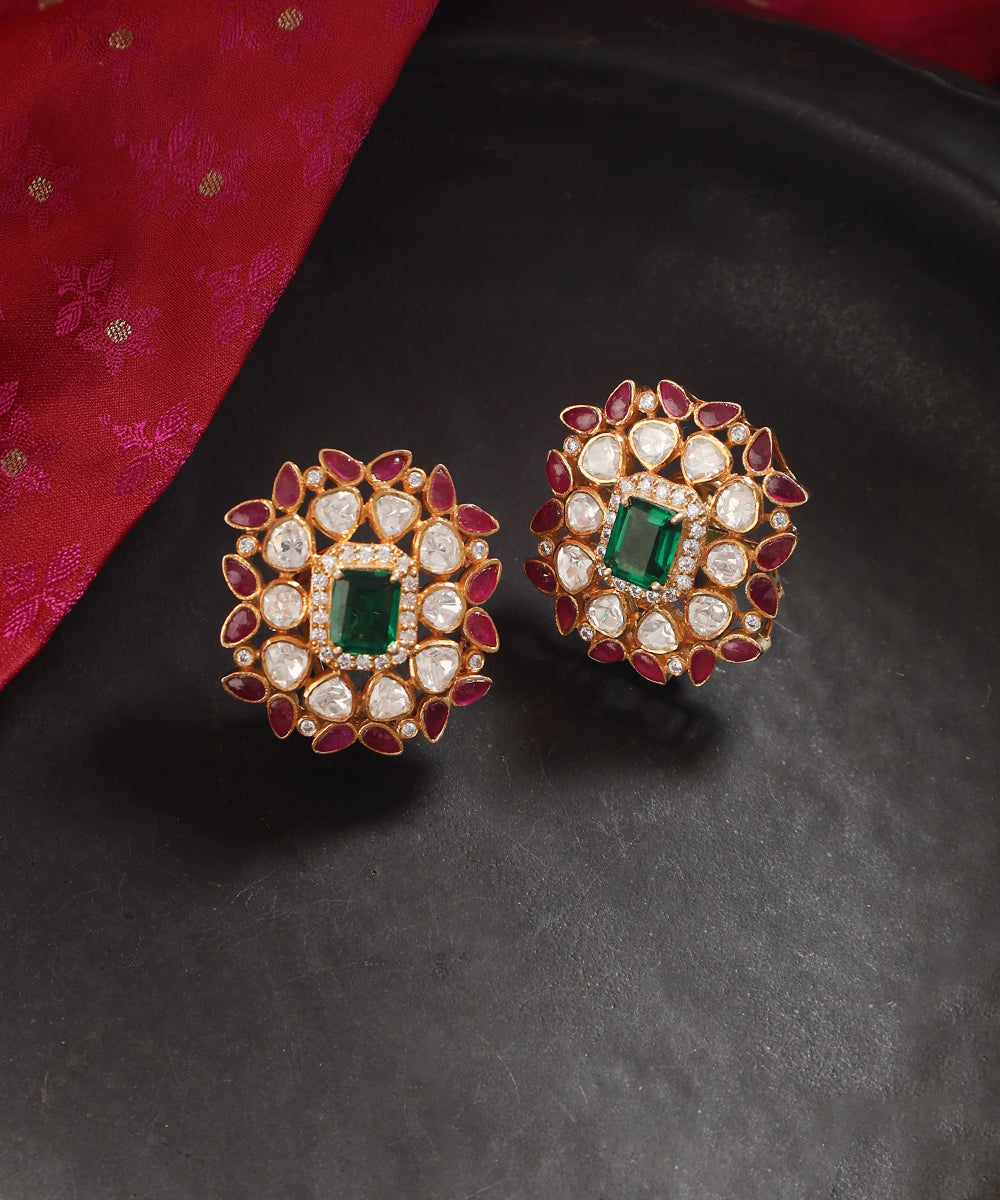 Darya_Handcrafted_Silver_Earrings_With_Moissanite_CZ_Stones_Green_And_Red_Semi_Precious_Stone_In_Floral_Motif_WeaverStory_01