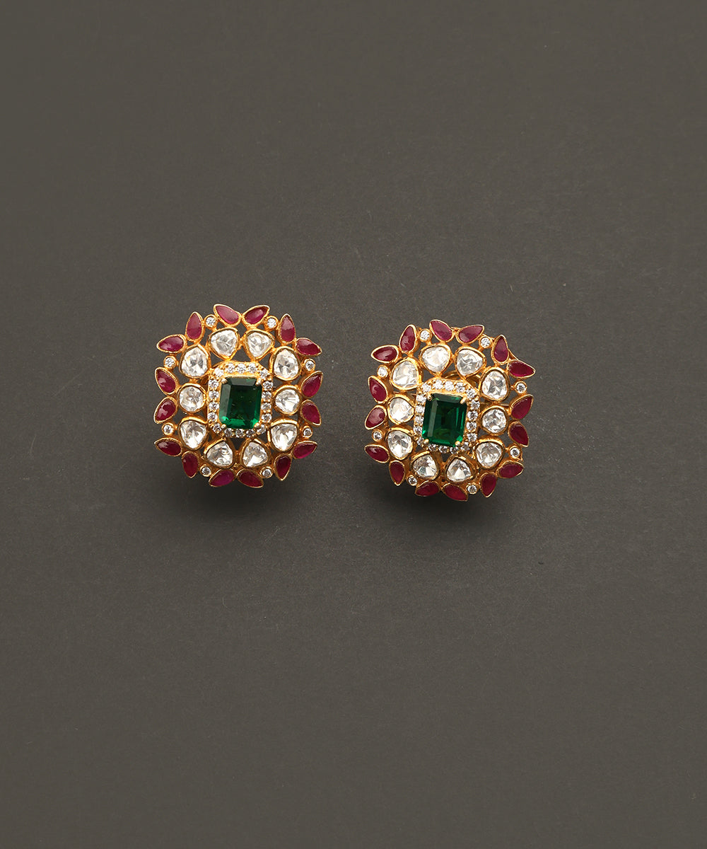 Darya_Handcrafted_Silver_Earrings_With_Moissanite_CZ_Stones_Green_And_Red_Semi_Precious_Stone_In_Floral_Motif_WeaverStory_02