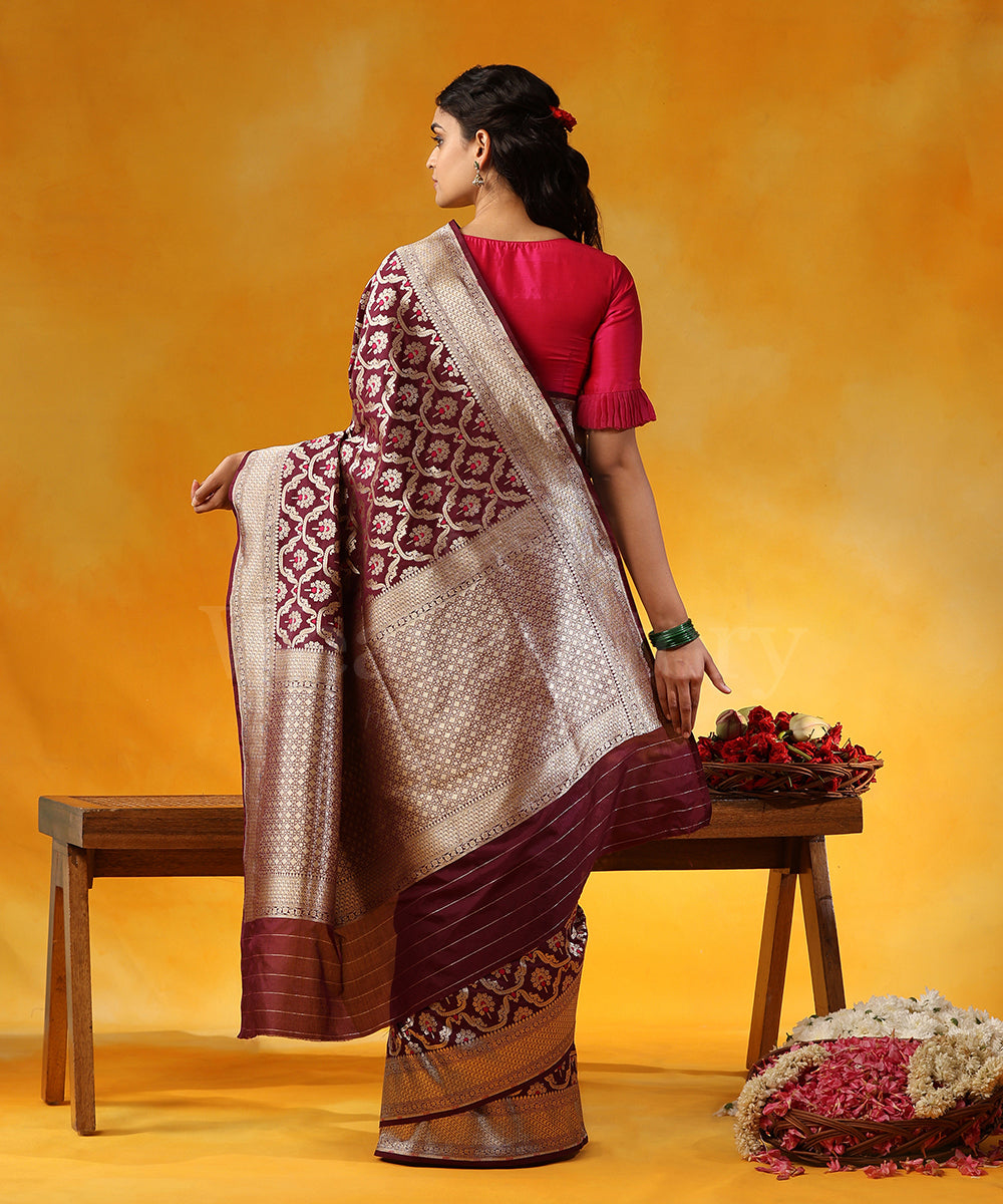 Wine_Handloom_Pure_Katan_Silk_Saree_Banarasi_Saree_With_Cutwork_Jaal_And_Pink_Meenakari_WeaverStory_03