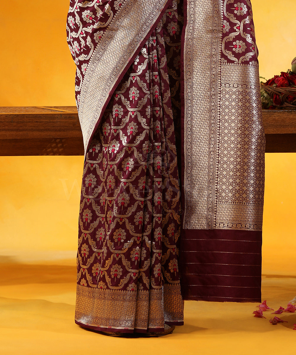 Wine_Handloom_Pure_Katan_Silk_Saree_Banarasi_Saree_With_Cutwork_Jaal_And_Pink_Meenakari_WeaverStory_04