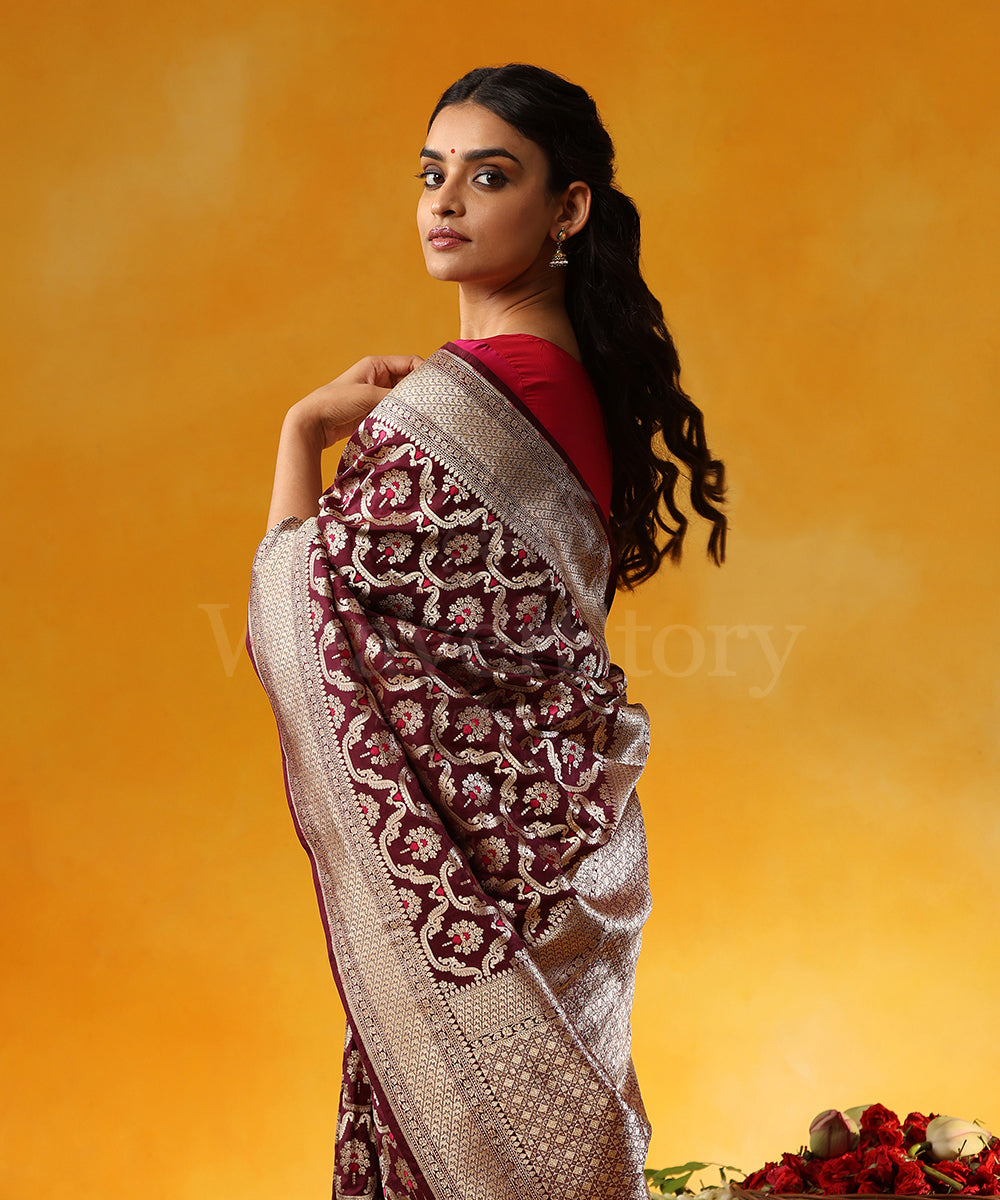 Wine_Handloom_Pure_Katan_Silk_Saree_Banarasi_Saree_With_Cutwork_Jaal_And_Pink_Meenakari_WeaverStory_02