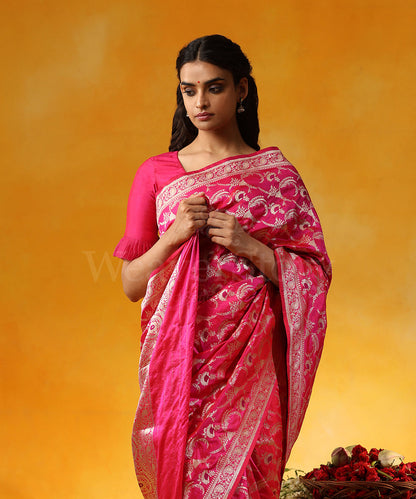 Handloom_Pink_Pure_Katan_Silk_Saree_Allover_Jaal_With_Purple_Meena_And_Ambi_Border_WeaverStory_02