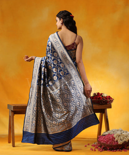 Handloom_Blue_Pure_Katan_Silk_Banarasi_Saree_With_Cutwork_Zari_Jaal_With_Red_Meenakari_WeaverStory_03