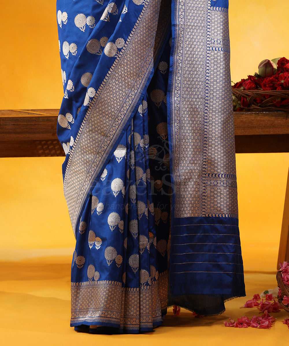 Electric_Blue_Handloom_Pure_Katan_Silk_Banarasi_Saree_With_Cutwork_Genda_Zari_Booti_WeaverStory_04