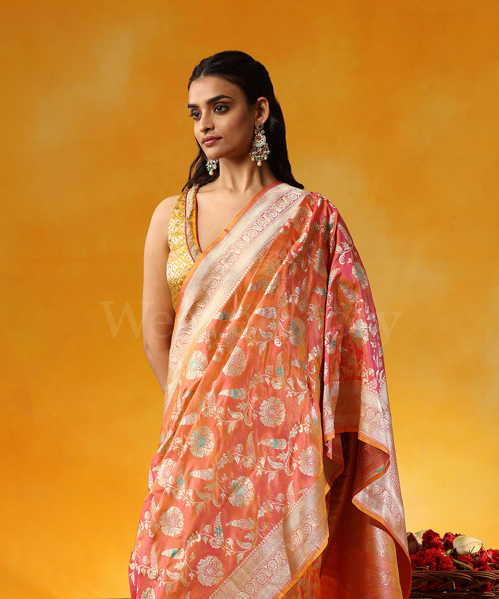 Peach_Handloom_Pure_Katan_Silk_Banarasi_Saree_With_Cutwork_Floral_Jaal_And_Meenakari_WeaverStory_02