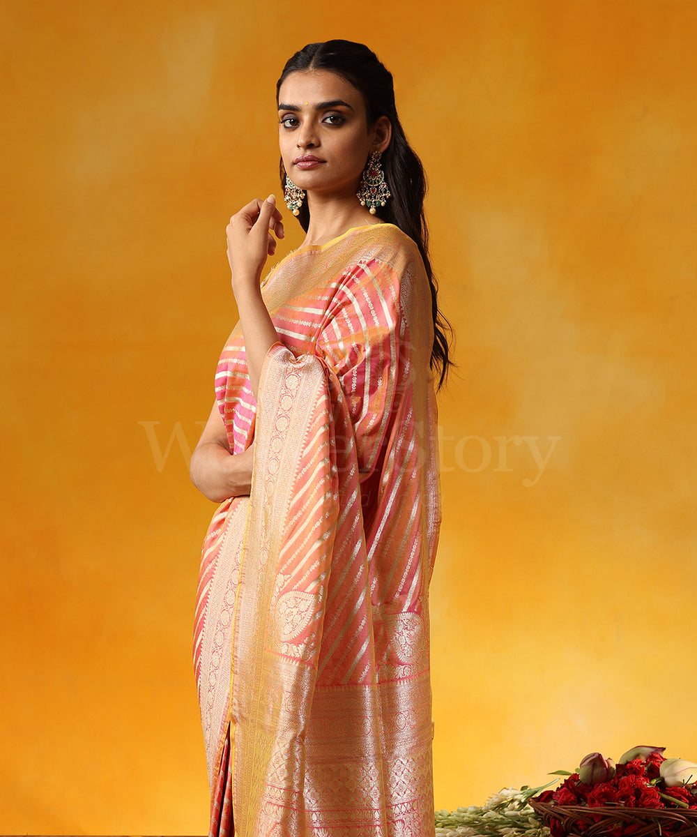 Peach_And_Pink_Handloom_Pure_Katan_Silk_Banarasi_Saree_With_Vertical_Stripes_WeaverStory_02